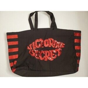 VICTORIAS Secret Red Black Sequin Tote Zipper Bag
